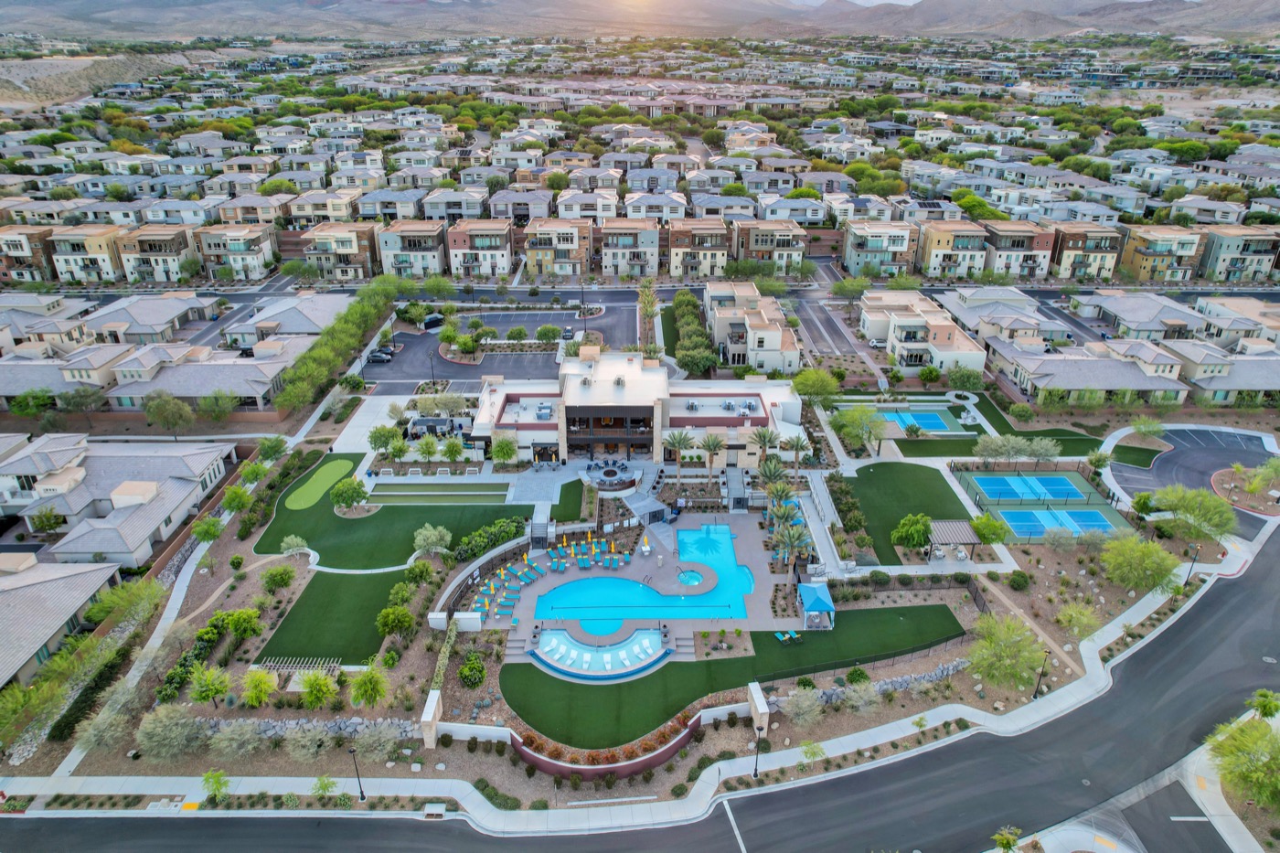 Aerial view of the resort-style pool at The Outlook Club in Trilogy in Summerlin