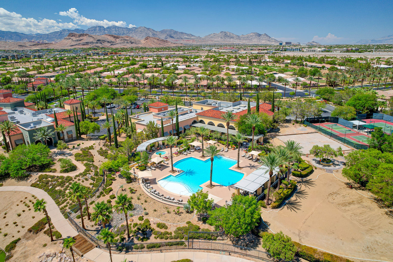 Siena in Summerlin aerial view of pool, clubhouse, and mountains